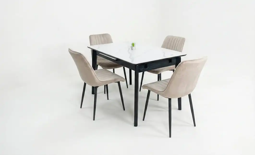 Set Masă Living Extensibilă KJT4711-1 Alb cu 4 Scaune KJC176 Bej 2