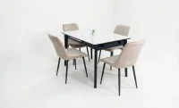 Set Masă Living Extensibilă KJT4711-1 Alb cu 4 Scaune KJC176 Bej 2