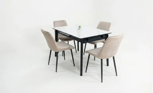Set Masă Living Extensibilă KJT4711-1 Alb cu 4 Scaune KJC176 Bej