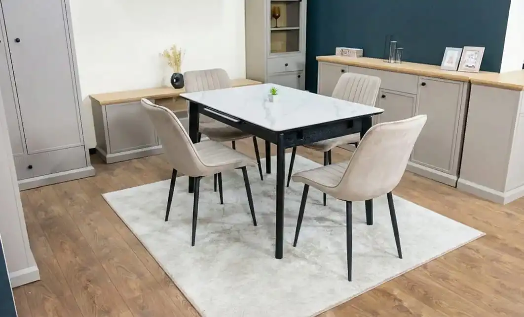 Set Masă Living Extensibilă KJT4711-1 Alb cu 4 Scaune KJC176 Bej