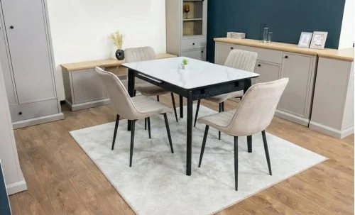 Set Masă Living Extensibilă KJT4711-1 Alb cu 4 Scaune KJC176 Bej