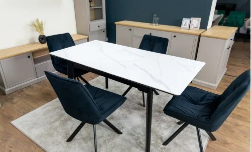 Set Masă Living Extensibilă KJT4711-1 Alb cu 4 Scaune Tapițate KJC356 Negre