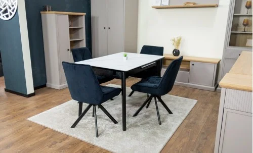 Set Masă Living Extensibilă KJT4711-1 Alb cu 4 Scaune Tapițate KJC356 Negre