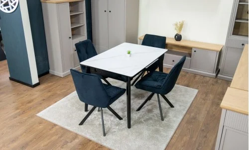 Set Masă Living Extensibilă KJT4711-1 Alb cu 4 Scaune Tapițate KJC356 Negre