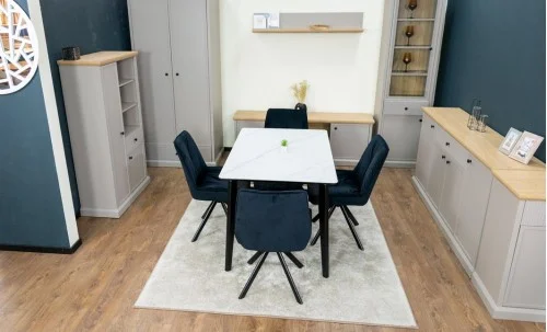 Set Masă Living Extensibilă KJT4711-1 Alb cu 4 Scaune Tapițate KJC356 Negre