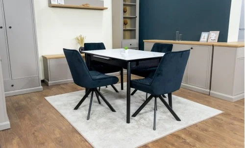 Set Masă Living Extensibilă KJT4711-1 Alb cu 4 Scaune Tapițate KJC356 Negre