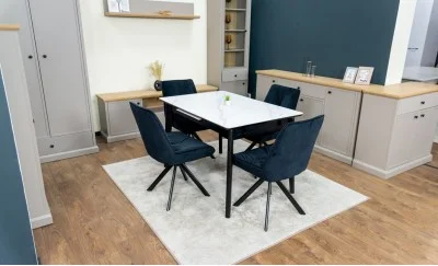 Set Masă Living Extensibilă KJT4711-1 Alb cu 4 Scaune Tapițate KJC356 Negre