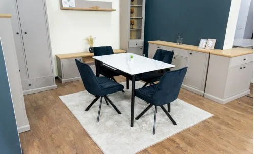 Set Masă Living Extensibilă KJT4711-1 Alb cu 4 Scaune Tapițate KJC356 Negre