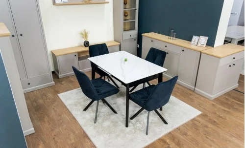 Set Masă Living Extensibilă KJT4711-1 Alb cu 4 Scaune Tapițate KJC356 Negre