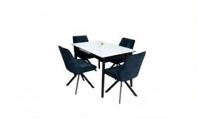 Set Masă Living Extensibilă KJT4711-1 Alb cu 4 Scaune Tapițate KJC356 Negre