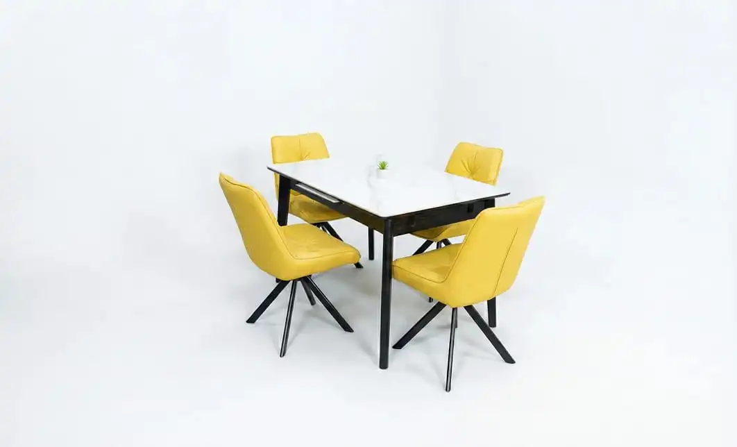 Set Masă Living Extensibilă KJT4711-1 Alb cu 4 Scaune Tapițate KJC356 Galbene 1