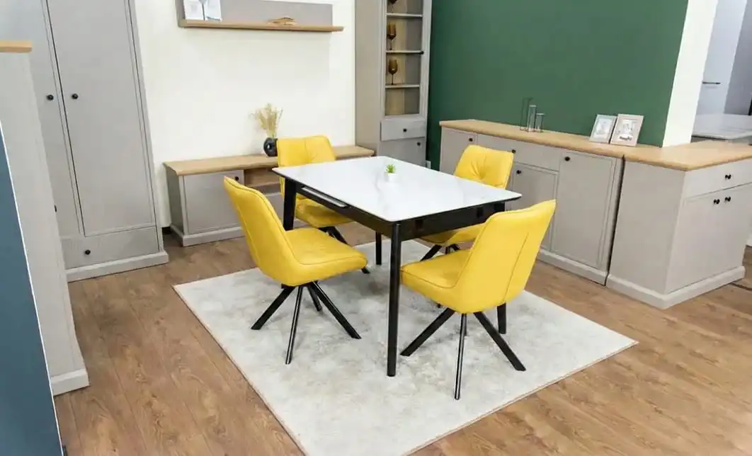 Set Masă Living Extensibilă KJT4711-1 Alb cu 4 Scaune Tapițate KJC356 Galbene
