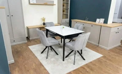 Set Masă Living Extensibilă KJT4711-1 Alb cu 4 Scaune Tapițate KJC356 Gri