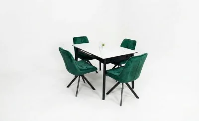 Set Masă Living Extensibilă KJT4711-1 Alb cu 4 Scaune Tapițate KJC356 Verde