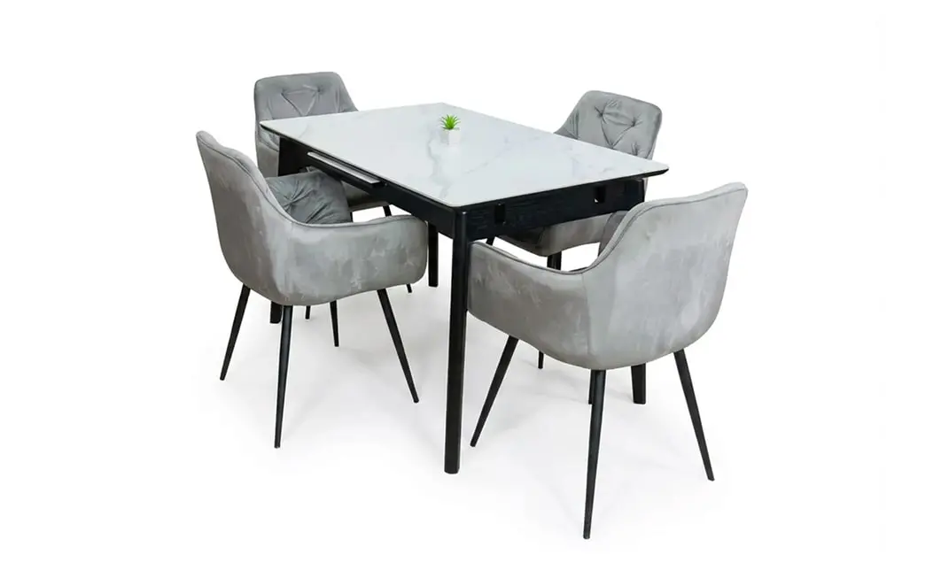 Set Masă Living Extensibilă KJT4711-1 Alb cu 4 Scaune Tapițate KJC38 Gri 2