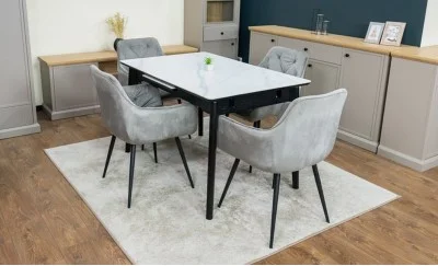Set Masă Living Extensibilă KJT4711-1 Alb cu 4 Scaune Tapițate KJC38 Gri