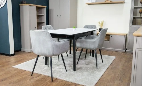 Set Masă Living Extensibilă KJT4711-1 Alb cu 4 Scaune Tapițate KJC38 Gri