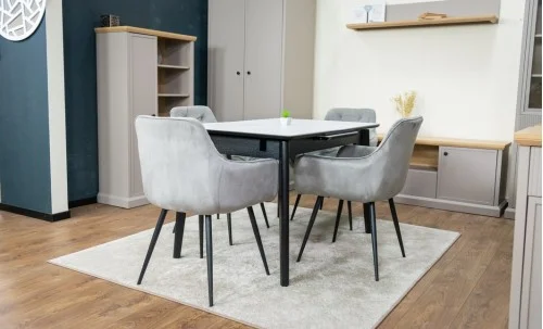 Set Masă Living Extensibilă KJT4711-1 Alb cu 4 Scaune Tapițate KJC38 Gri