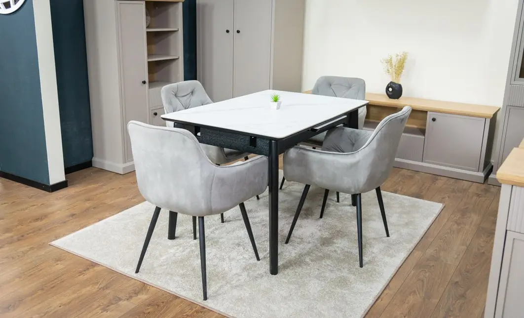 Set Masă Living Extensibilă KJT4711-1 Alb cu 4 Scaune Tapițate KJC38 Gri