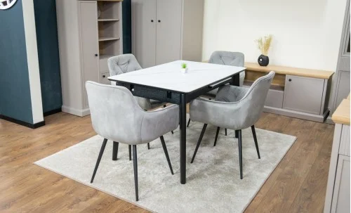 Set Masă Living Extensibilă KJT4711-1 Alb cu 4 Scaune Tapițate KJC38 Gri