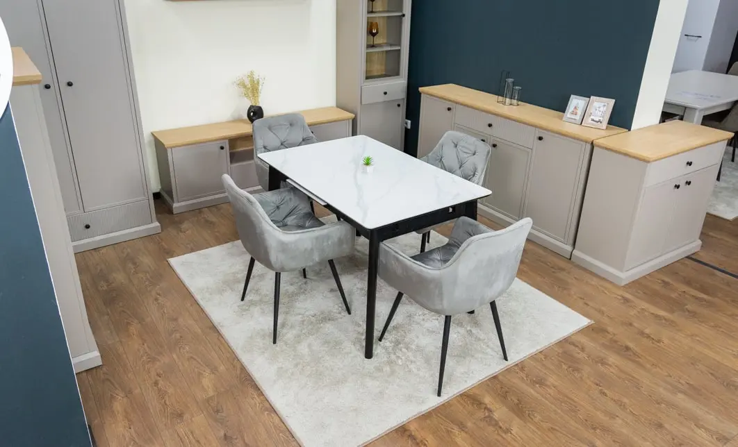 Set Masă Living Extensibilă KJT4711-1 Alb cu 4 Scaune Tapițate KJC38 Gri 3