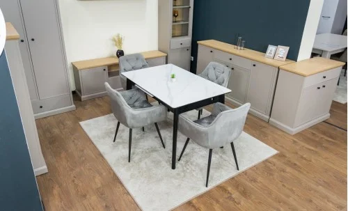 Set Masă Living Extensibilă KJT4711-1 Alb cu 4 Scaune Tapițate KJC38 Gri