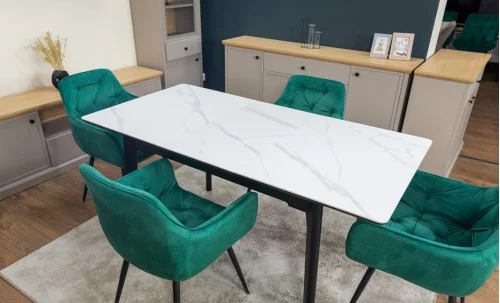 Set Masă Living Extensibilă KJT4711-1 Alb cu 4 Scaune Tapițate KJC38 Verde