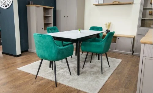 Set Masă Living Extensibilă KJT4711-1 Alb cu 4 Scaune Tapițate KJC38 Verde