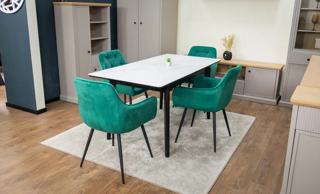 Set Masă Living Extensibilă KJT4711-1 Alb cu 4 Scaune Tapițate KJC38 Verde 6