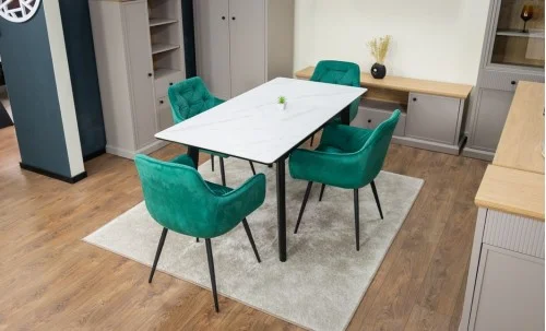 Set Masă Living Extensibilă KJT4711-1 Alb cu 4 Scaune Tapițate KJC38 Verde