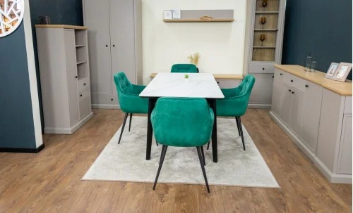 Set Masă Living Extensibilă KJT4711-1 Alb cu 4 Scaune Tapițate KJC38 Verde