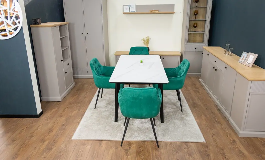 Set Masă Living Extensibilă KJT4711-1 Alb cu 4 Scaune Tapițate KJC38 Verde 10