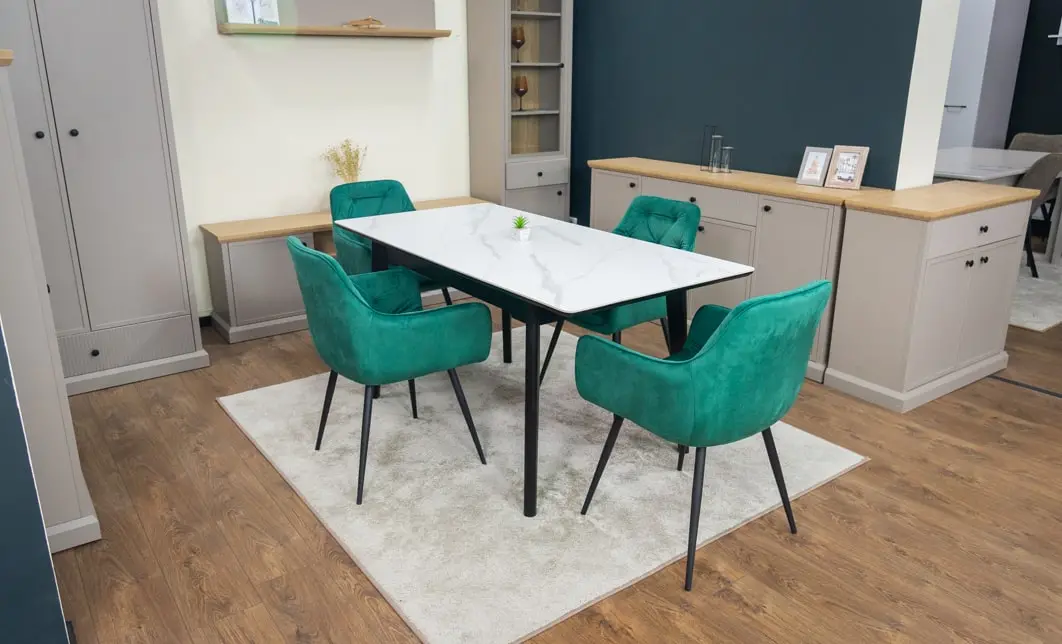 Set Masă Living Extensibilă KJT4711-1 Alb cu 4 Scaune Tapițate KJC38 Verde