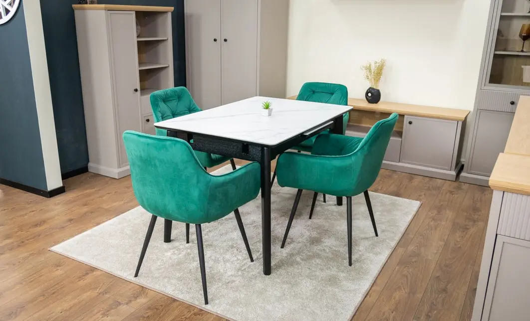 Set Masă Living Extensibilă KJT4711-1 Alb cu 4 Scaune Tapițate KJC38 Verde