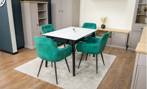 Set Masă Living Extensibilă KJT4711-1 Alb cu 4 Scaune Tapițate KJC38 Verde
