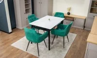 Set Masă Living Extensibilă KJT4711-1 Alb cu 4 Scaune Tapițate KJC38 Verde