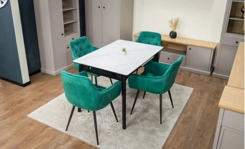 Set Masă Living Extensibilă KJT4711-1 Alb cu 4 Scaune Tapițate KJC38 Verde