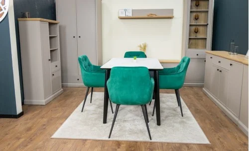 Set Masă Living Extensibilă KJT4711-1 Alb cu 4 Scaune Tapițate KJC38 Verde