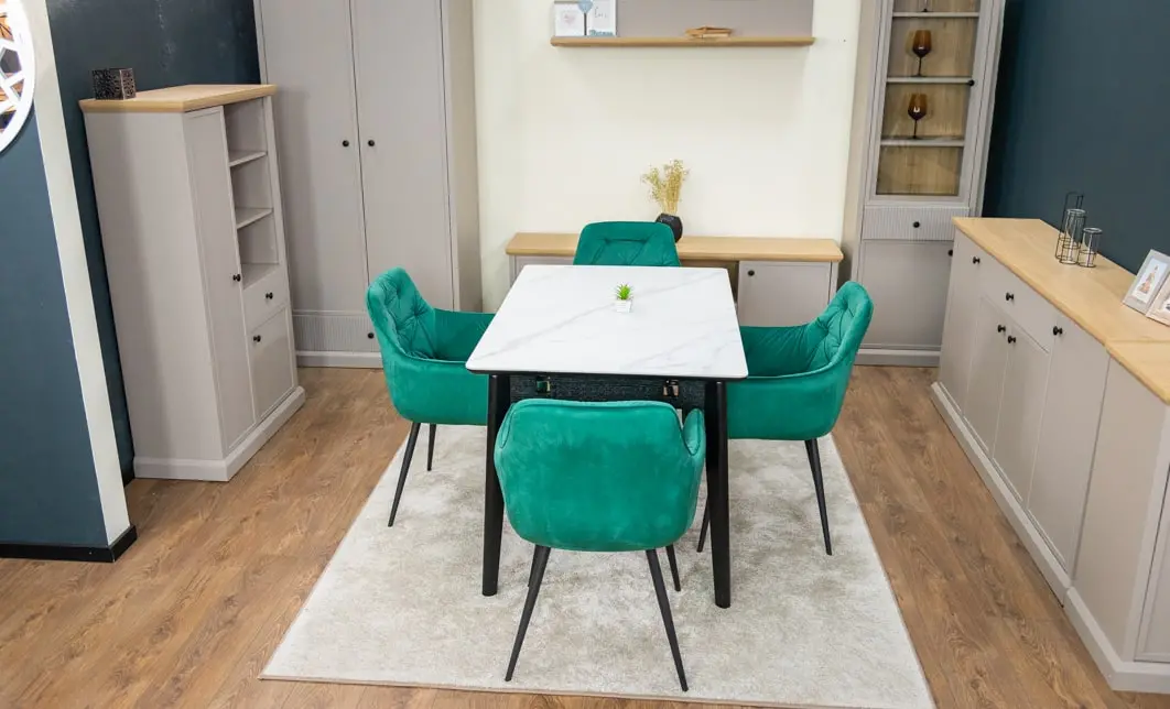 Set Masă Living Extensibilă KJT4711-1 Alb cu 4 Scaune Tapițate KJC38 Verde