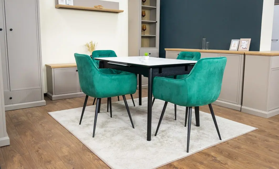 Set Masă Living Extensibilă KJT4711-1 Alb cu 4 Scaune Tapițate KJC38 Verde 4