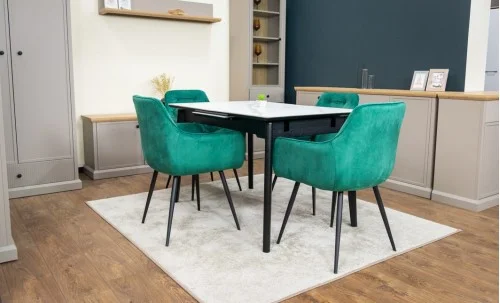 Set Masă Living Extensibilă KJT4711-1 Alb cu 4 Scaune Tapițate KJC38 Verde