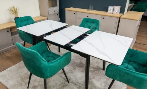 Set Masă Living Extensibilă KJT4711-1 Alb cu 4 Scaune Tapițate KJC38 Verde