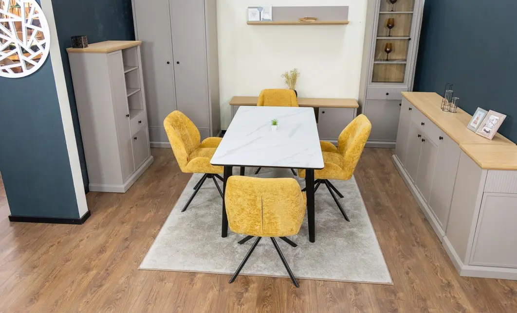 Set Masă Living Extensibilă KJT4711-1 Alb cu 4 Scaune Tapițate KJC4347 Galbene 9