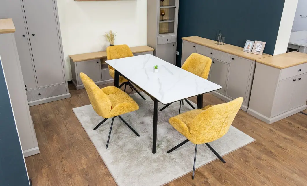 Set Masă Living Extensibilă KJT4711-1 Alb cu 4 Scaune Tapițate KJC4347 Galbene