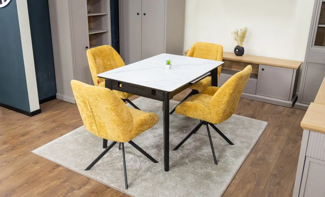 Set Masă Living Extensibilă KJT4711-1 Alb cu 4 Scaune Tapițate KJC4347 Galbene