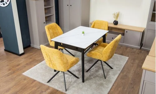 Set Masă Living Extensibilă KJT4711-1 Alb cu 4 Scaune Tapițate KJC4347 Galbene