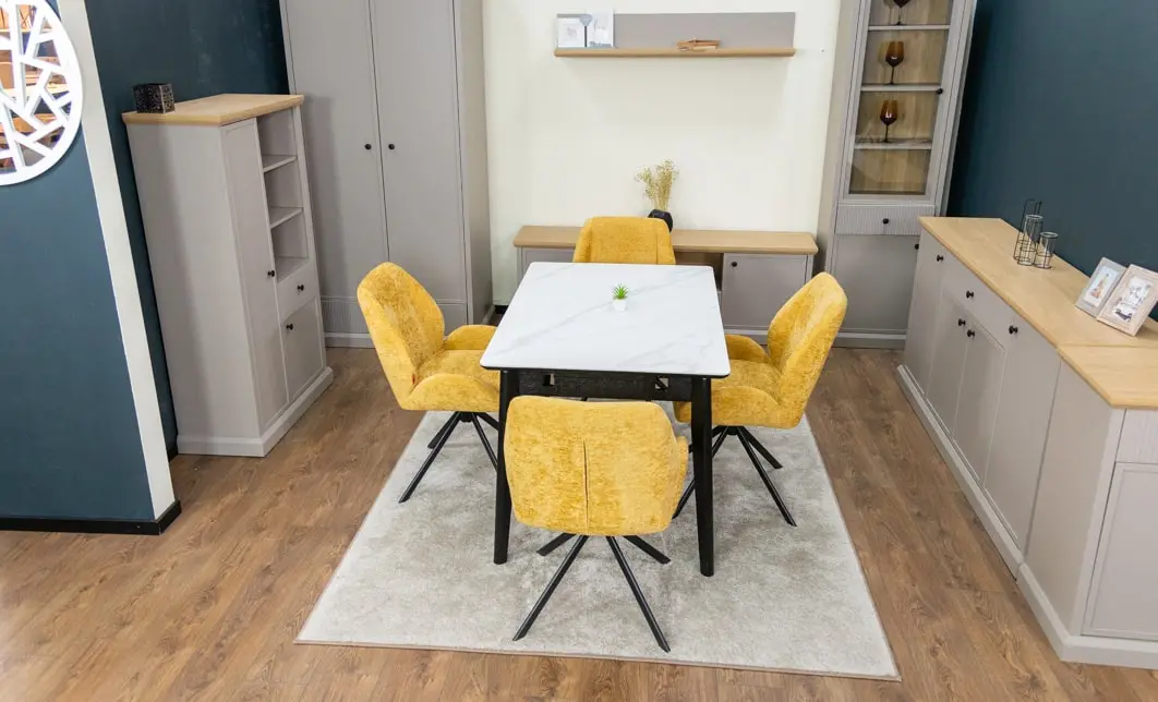 Set Masă Living Extensibilă KJT4711-1 Alb cu 4 Scaune Tapițate KJC4347 Galbene