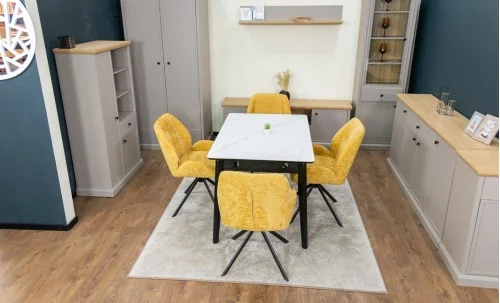 Set Masă Living Extensibilă KJT4711-1 Alb cu 4 Scaune Tapițate KJC4347 Galbene