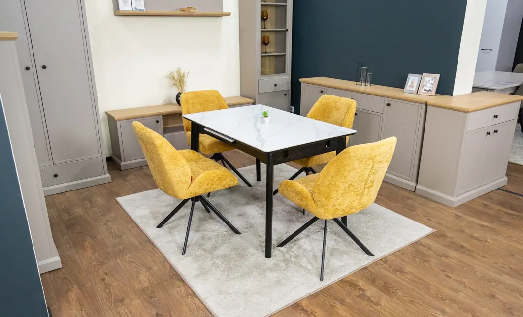 Set Masă Living Extensibilă KJT4711-1 Alb cu 4 Scaune Tapițate KJC4347 Galbene