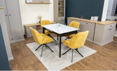 Set Masă Living Extensibilă KJT4711-1 Alb cu 4 Scaune Tapițate KJC4347 Galbene